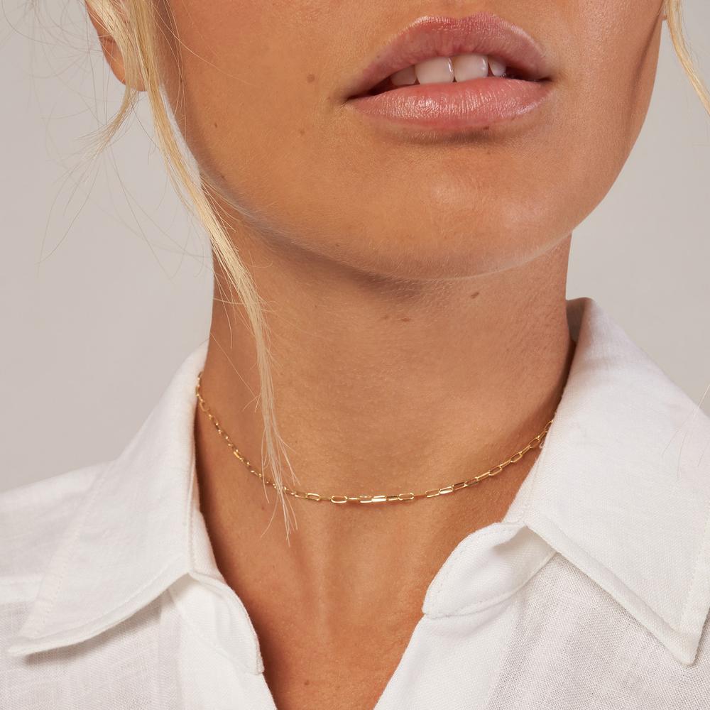 Olas d'Oro - 14K Yellow Gold Paper Clip Choker Necklace - Adjustable 13-16" Length