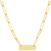 Olas d'Oro - 14K Yellow Gold Paper Clip Necklace with Rounded Engravable Bar - 4.15g