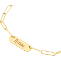 Olas d'Oro - 14K Yellow Gold Paper Clip Necklace with Rounded Engravable Bar - 4.15g