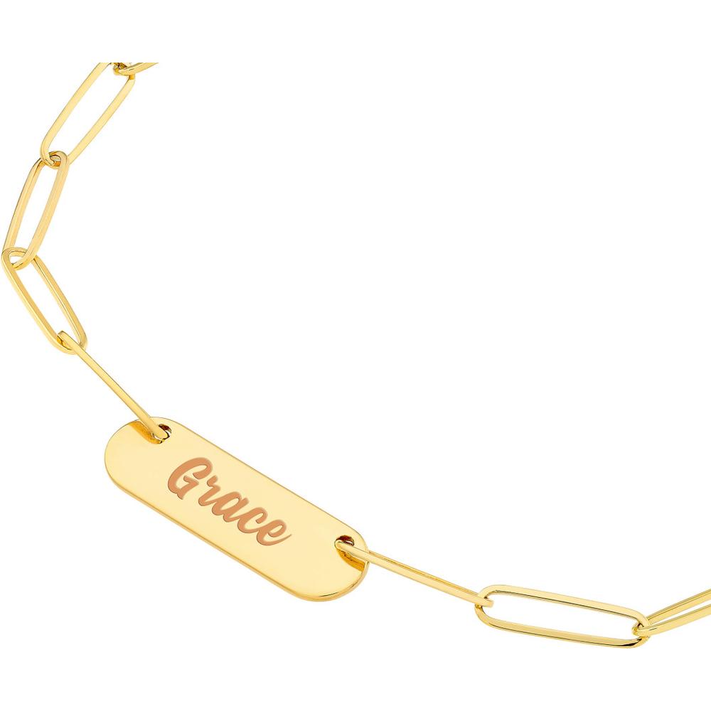 Olas d'Oro - 14K Yellow Gold Paper Clip Necklace with Rounded Engravable Bar - 4.15g