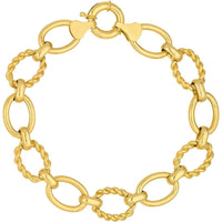 Olas d'Oro - 14K Yellow Gold Polished and Textured Oval Link Bracelet with Fancy Spring Ring Clasp - 12.20g Total Weight
