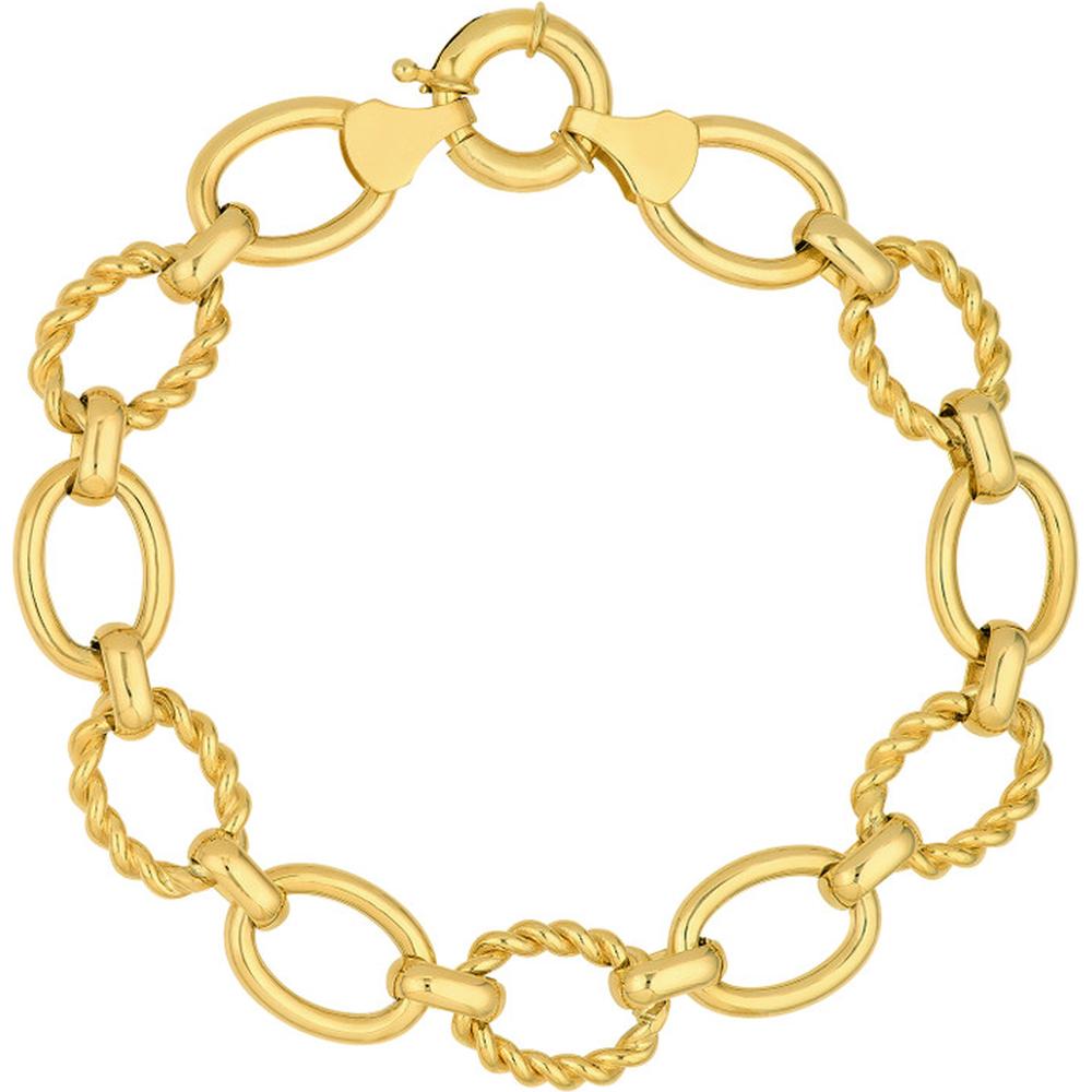 Olas d'Oro - 14K Yellow Gold Polished and Textured Oval Link Bracelet with Fancy Spring Ring Clasp - 12.20g Total Weight