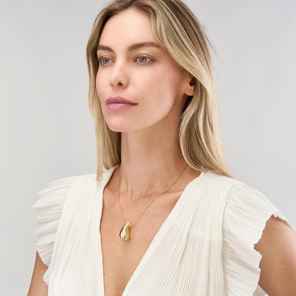 Olas d'Oro - 14K Yellow Gold Puff Art Teardrop Dome Necklace - 18 Inch, Lobster Clasp