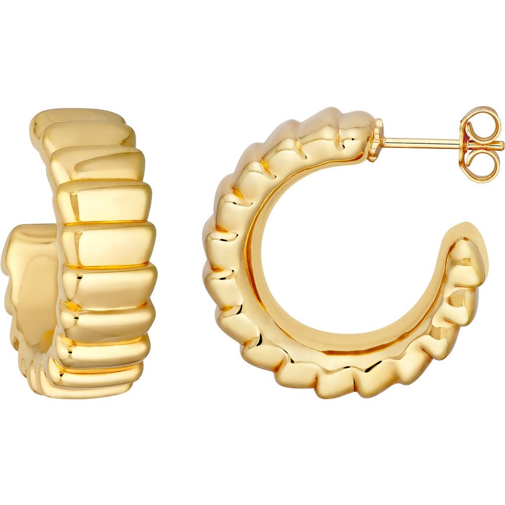 Olas d'Oro - 14K Yellow Gold Puff Corrugated Open Hoop Earrings Elegant Design, Post & Nut Closure