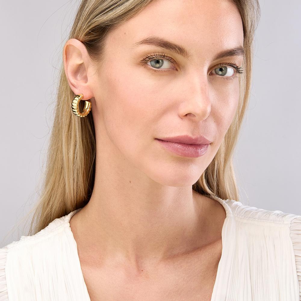 Olas d'Oro - 14K Yellow Gold Puff Corrugated Open Hoop Earrings Elegant Design, Post & Nut Closure