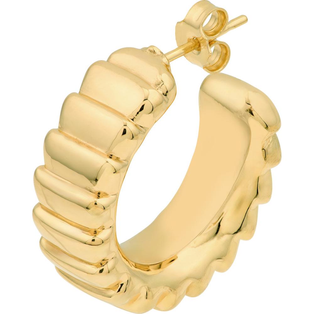 Olas d'Oro - 14K Yellow Gold Puff Corrugated Open Hoop Earrings Elegant Design, Post & Nut Closure