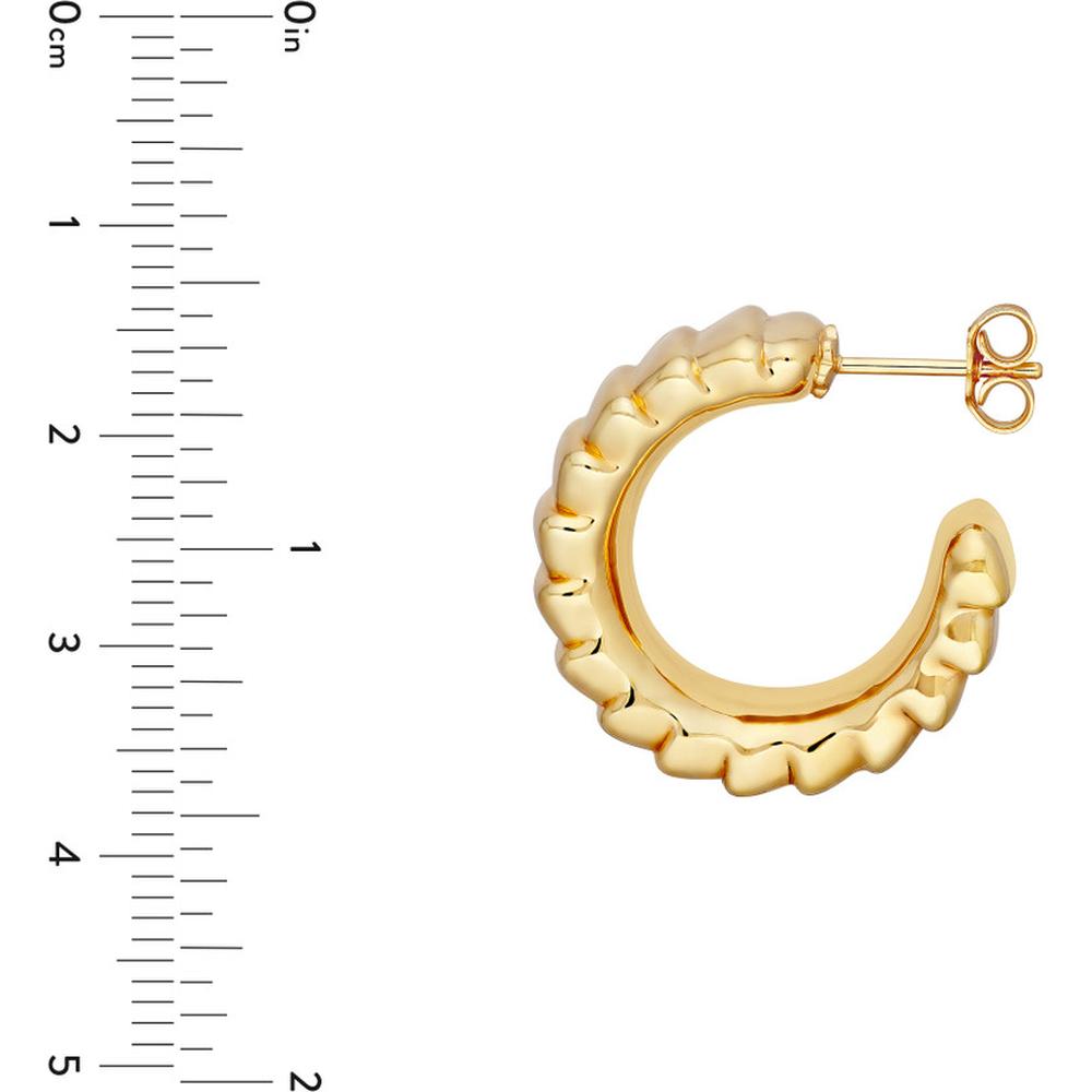 Olas d'Oro - 14K Yellow Gold Puff Corrugated Open Hoop Earrings Elegant Design, Post & Nut Closure