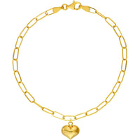 Olas d'Oro - 14K Yellow Gold Puff Heart Paper Clip Bracelet with Pear Shaped Lobster Lock