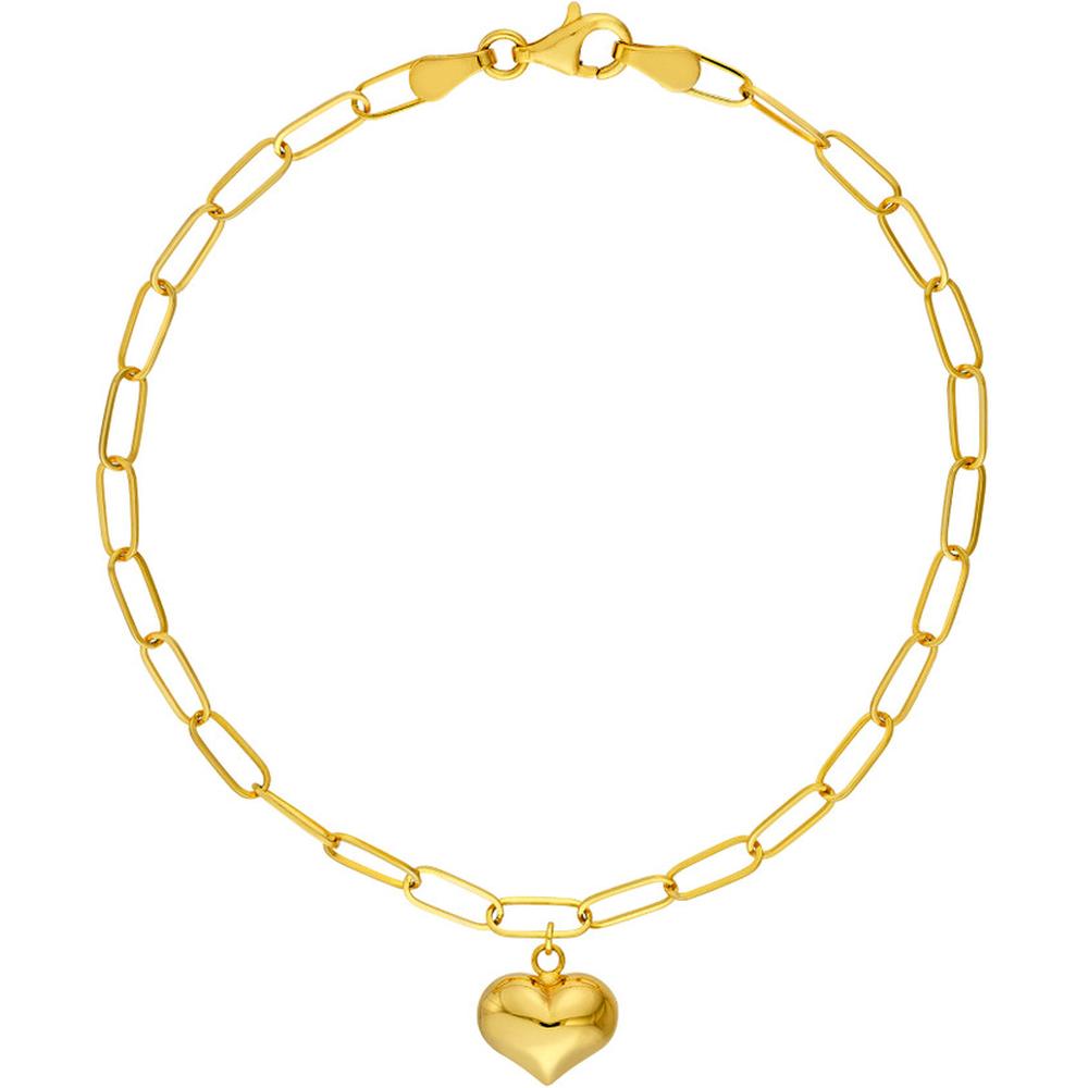 Olas d'Oro - 14K Yellow Gold Puff Heart Paper Clip Bracelet with Pear Shaped Lobster Lock