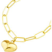 Olas d'Oro - 14K Yellow Gold Puff Heart Paper Clip Bracelet with Pear Shaped Lobster Lock