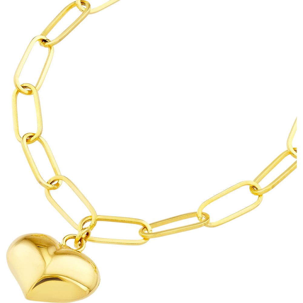 Olas d'Oro - 14K Yellow Gold Puff Heart Paper Clip Bracelet with Pear Shaped Lobster Lock