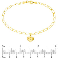 Olas d'Oro - 14K Yellow Gold Puff Heart Paper Clip Bracelet with Pear Shaped Lobster Lock