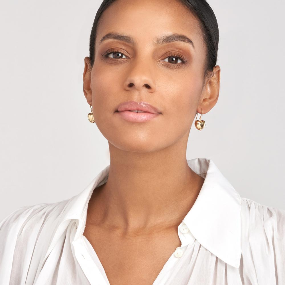 Olas d'Oro - 14K Yellow Gold Puffed Heart Fish Hook Earrings Lightweight, Playful Design