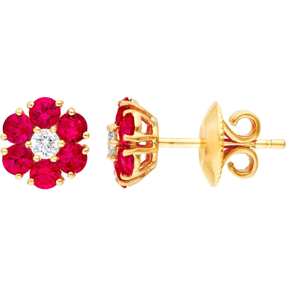 Olas d'Oro - 14K Yellow Gold Ruby & Diamond Cluster Stud Earrings - 0.96 Carat Ruby, 0.13 Carat Diamond Total Carat Weight