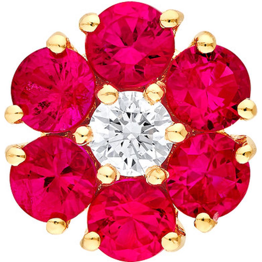 Olas d'Oro - 14K Yellow Gold Ruby & Diamond Cluster Stud Earrings - 0.96 Carat Ruby, 0.13 Carat Diamond Total Carat Weight
