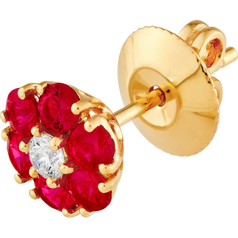 Olas d'Oro - 14K Yellow Gold Ruby & Diamond Cluster Stud Earrings - 0.96 Carat Ruby, 0.13 Carat Diamond Total Carat Weight
