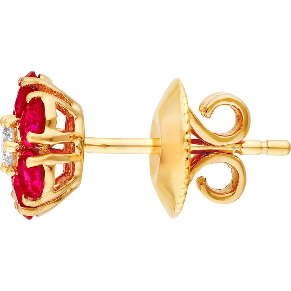 Olas d'Oro - 14K Yellow Gold Ruby & Diamond Cluster Stud Earrings - 0.96 Carat Ruby, 0.13 Carat Diamond Total Carat Weight