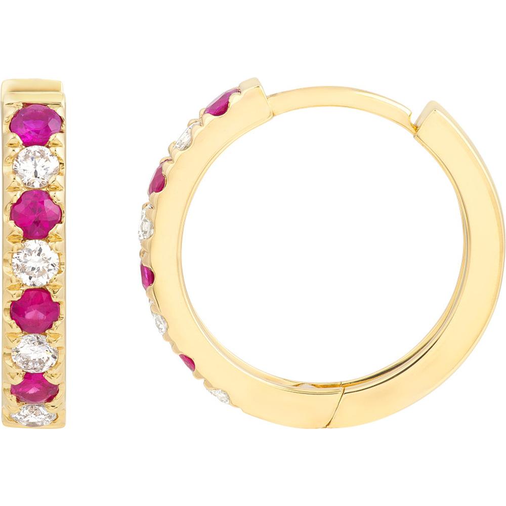 Olas d'Oro - 14K Yellow Gold Ruby and Diamond Huggies Earrings - 1/4 Carat Total Carat Weight