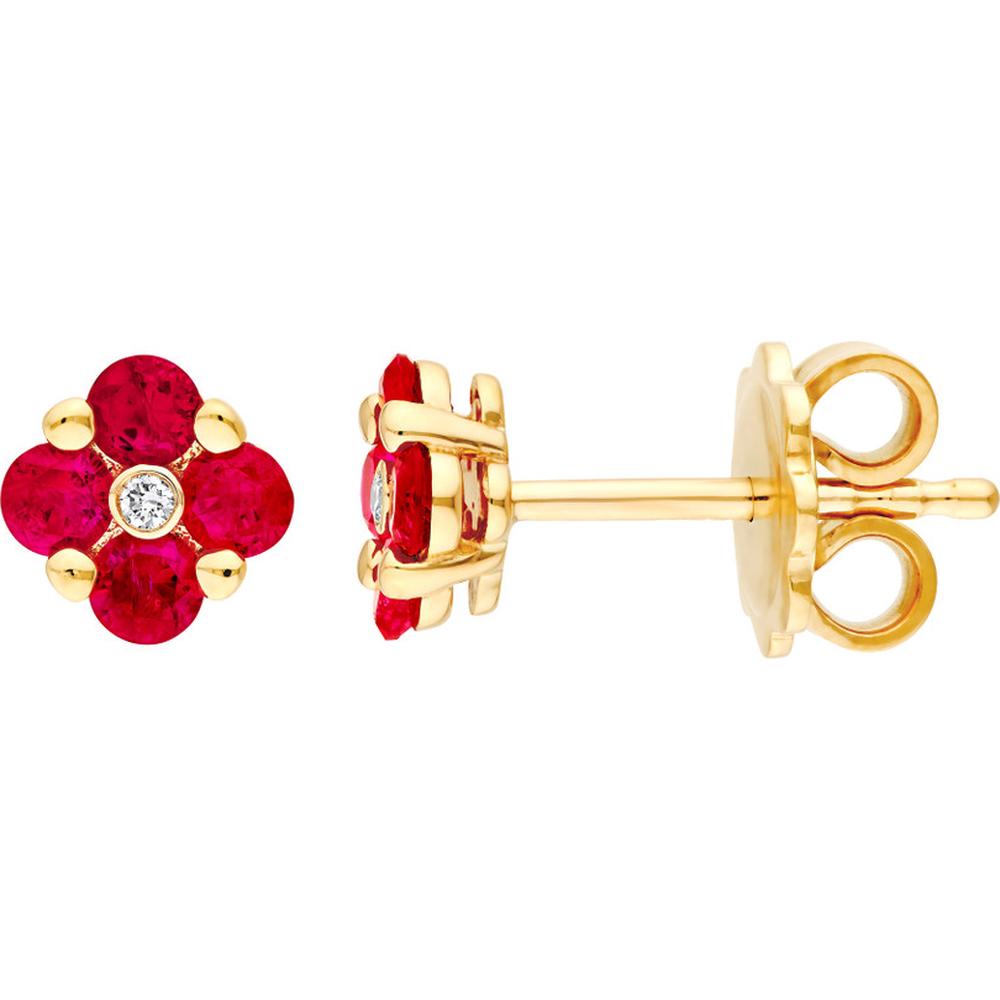 Olas d'Oro - 14K Yellow Gold Ruby Flower Stud Earrings with Diamond Accents - 0.64 Carat Total Ruby Weight