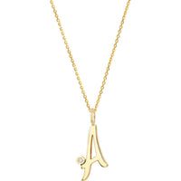 Olas d'Oro - 14K Yellow Gold Script "A" Initial Necklace with Diamond Bezel - 0.02 Carat Total Diamond Weight
