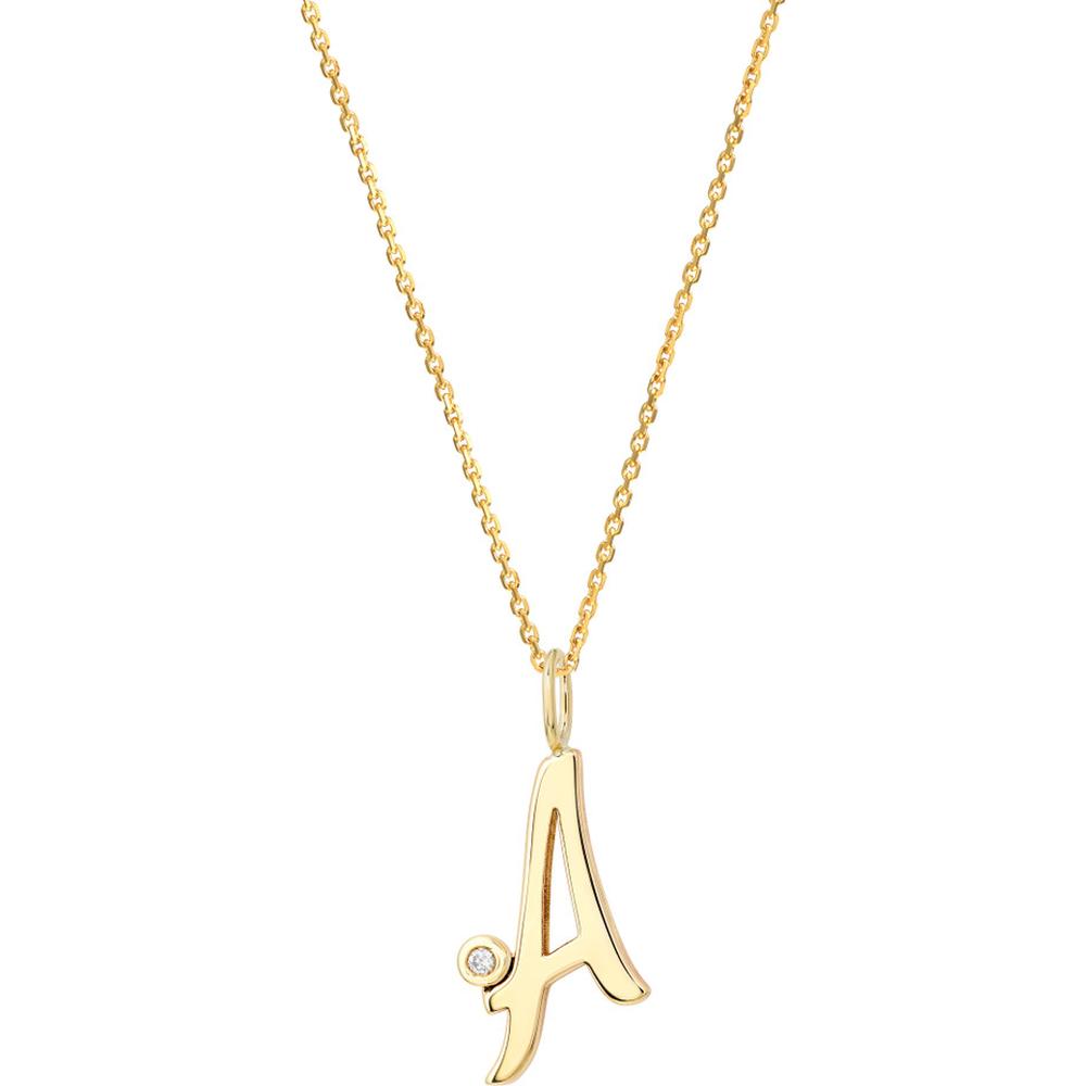 Olas d'Oro - 14K Yellow Gold Script "A" Initial Necklace with Diamond Bezel - 0.02 Carat Total Diamond Weight