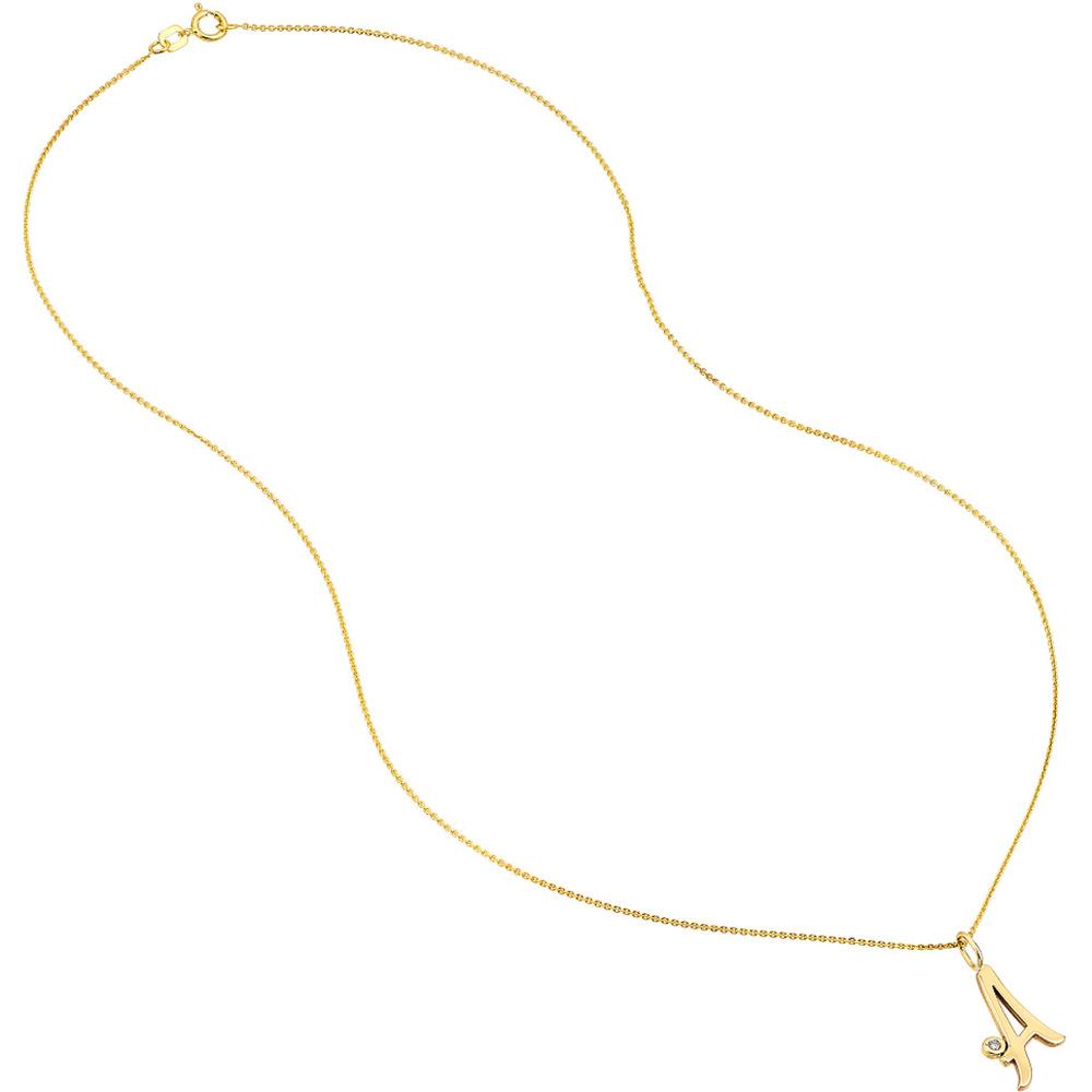 Olas d'Oro - 14K Yellow Gold Script "A" Initial Necklace with Diamond Bezel - 0.02 Carat Total Diamond Weight
