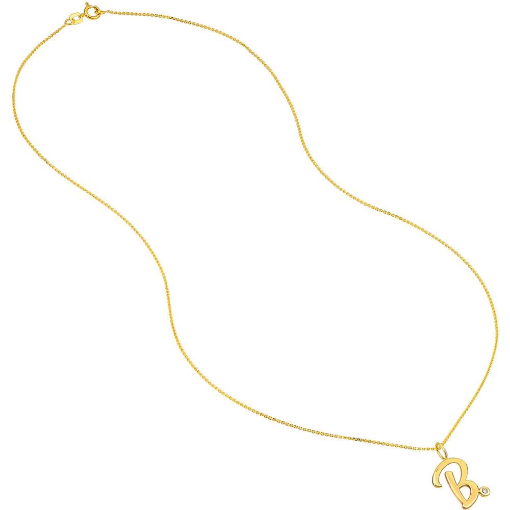Olas d'Oro - 14K Yellow Gold Script "B" Initial Necklace with Bezel-Set Diamond - 0.02 Carat Diamond Weight