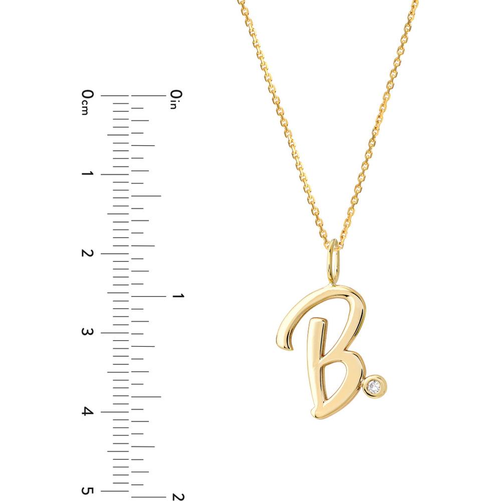 Olas d'Oro - 14K Yellow Gold Script "B" Initial Necklace with Bezel-Set Diamond - 0.02 Carat Diamond Weight