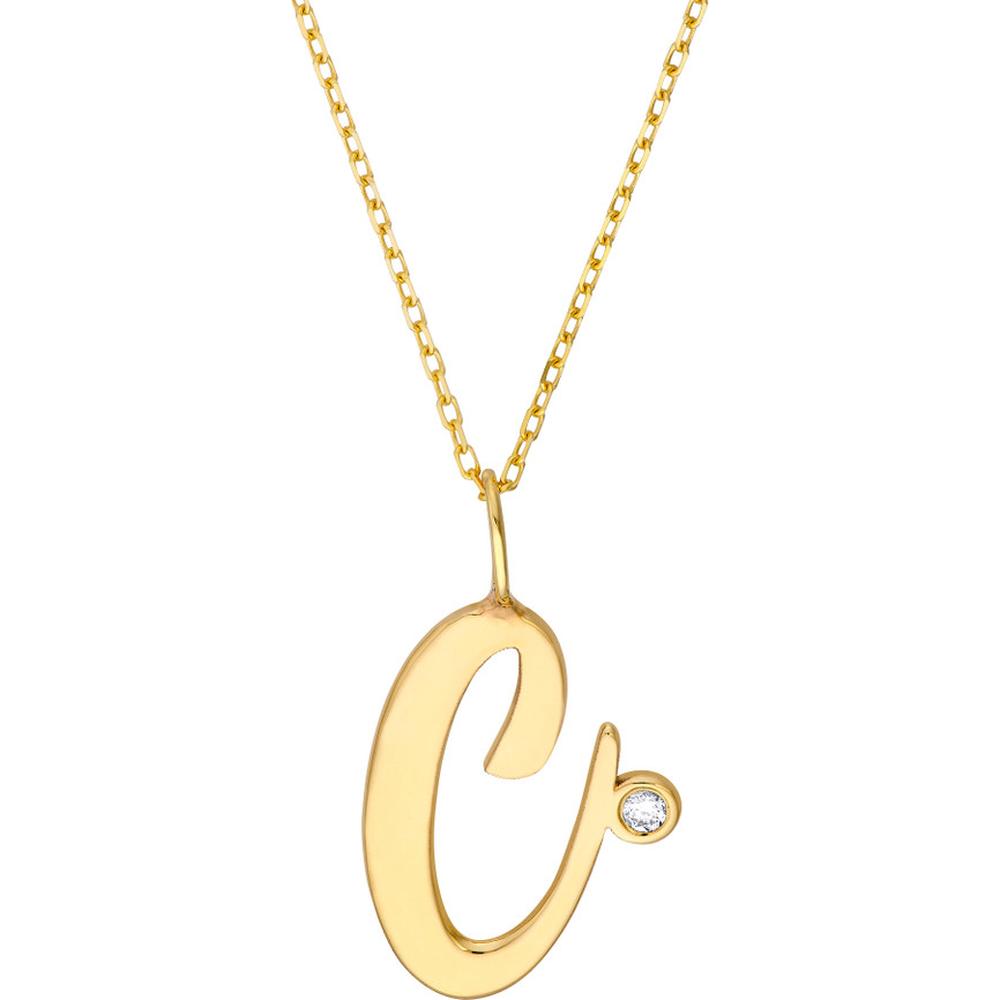 Olas d'Oro - 14K Yellow Gold Script "C" Initial Necklace with Diamond Bezel - 0.02 Carat Diamond Weight
