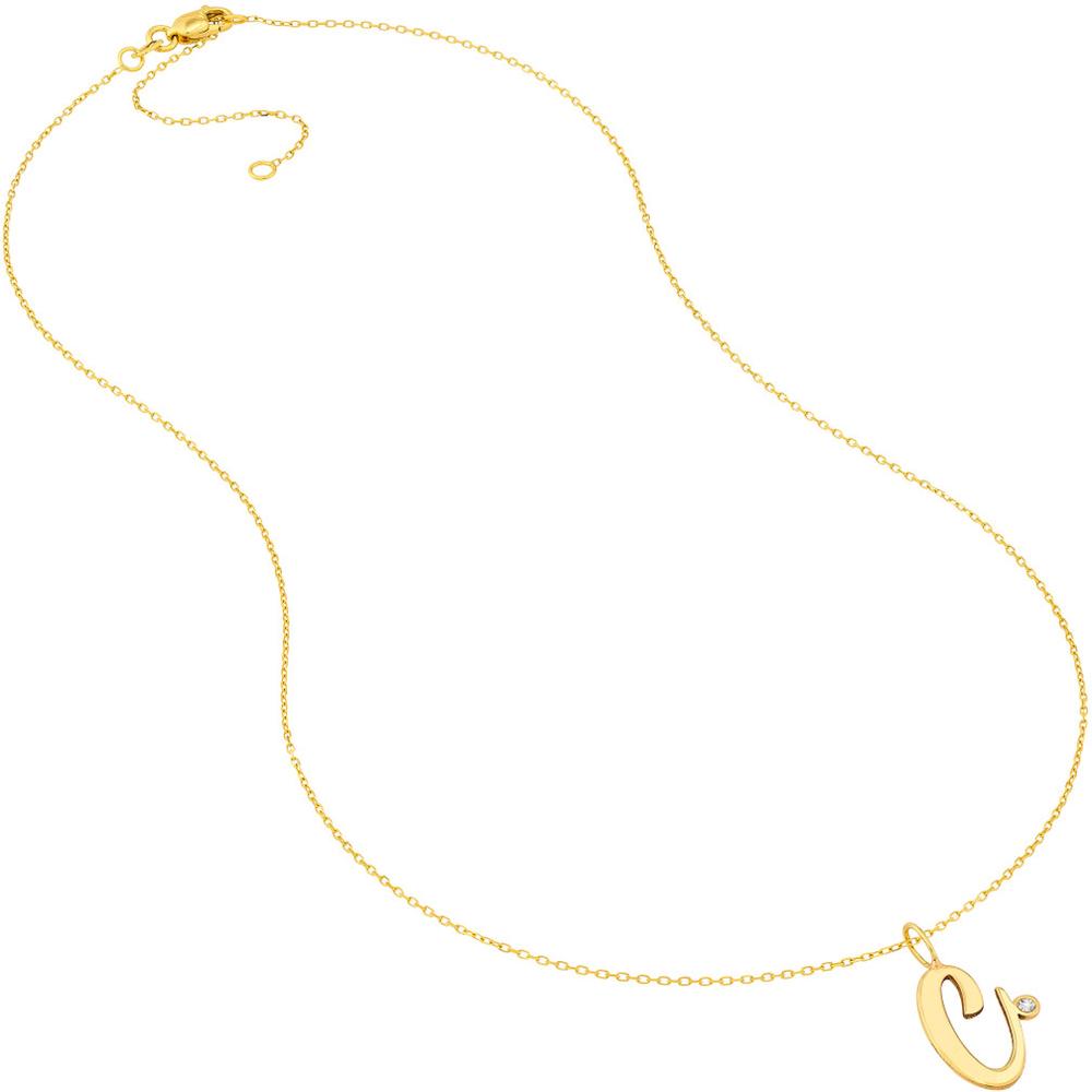 Olas d'Oro - 14K Yellow Gold Script "C" Initial Necklace with Diamond Bezel - 0.02 Carat Diamond Weight
