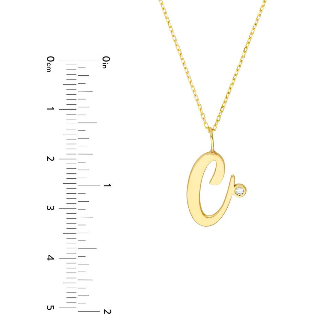 Olas d'Oro - 14K Yellow Gold Script "C" Initial Necklace with Diamond Bezel - 0.02 Carat Diamond Weight