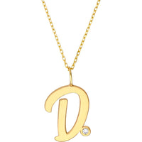 Olas d'Oro - 14K Yellow Gold Script D Initial Pendant Necklace with Diamond Bezel - 0.02 Carat Total Diamond Weight