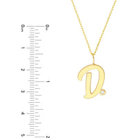 Olas d'Oro - 14K Yellow Gold Script D Initial Pendant Necklace with Diamond Bezel - 0.02 Carat Total Diamond Weight