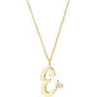 Olas d'Oro - 14K Yellow Gold Script E Initial Necklace with Diamond Bezel - 1.7mm Diamond