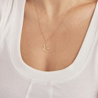 Olas d'Oro - 14K Yellow Gold Script E Initial Necklace with Diamond Bezel - 1.7mm Diamond