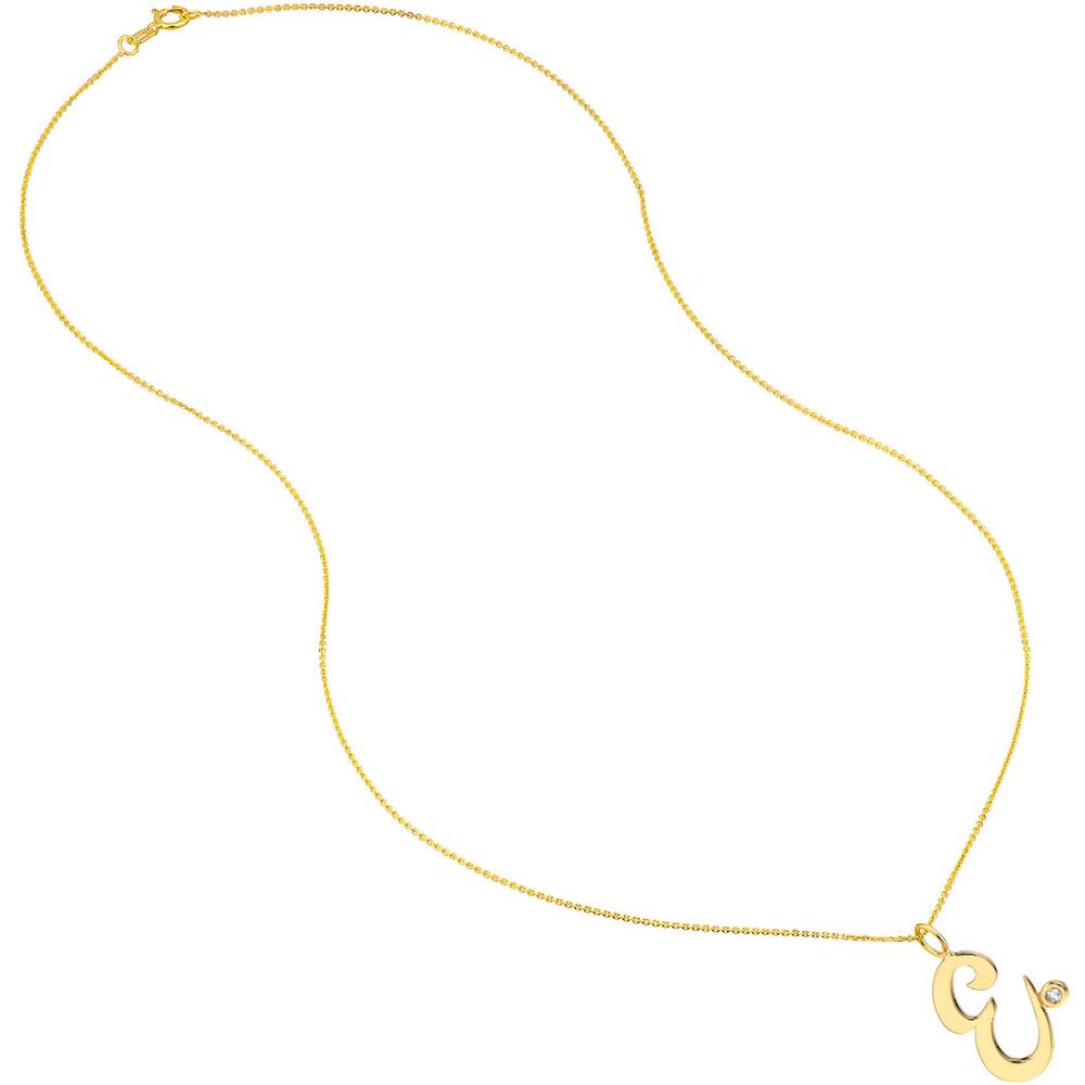 Olas d'Oro - 14K Yellow Gold Script E Initial Necklace with Diamond Bezel - 1.7mm Diamond