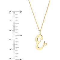 Olas d'Oro - 14K Yellow Gold Script E Initial Necklace with Diamond Bezel - 1.7mm Diamond