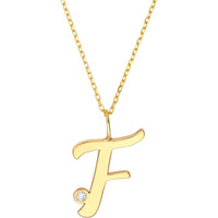 Olas d'Oro - 14K Yellow Gold Script "F" Initial Pendant Necklace with 1.7mm Diamond Bezel - 0.02 Carat Total Diamond Weight