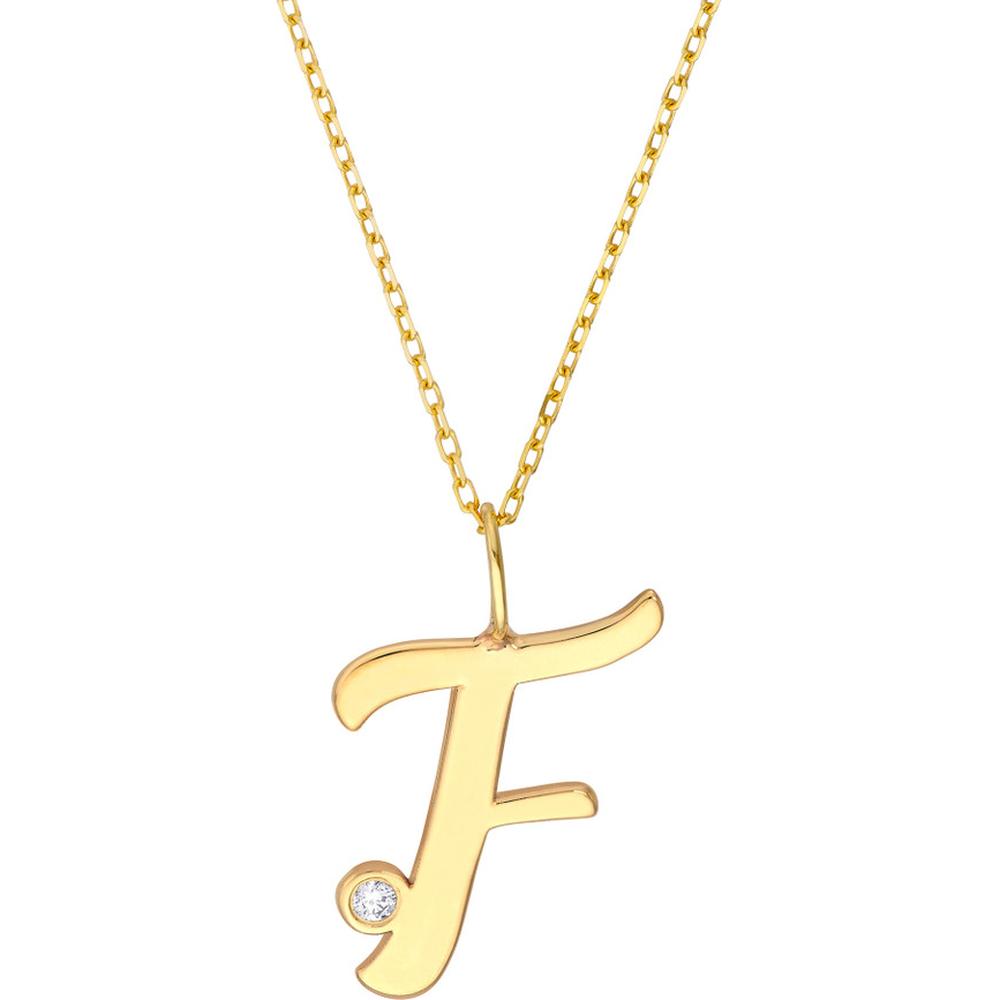 Olas d'Oro - 14K Yellow Gold Script "F" Initial Pendant Necklace with 1.7mm Diamond Bezel - 0.02 Carat Total Diamond Weight