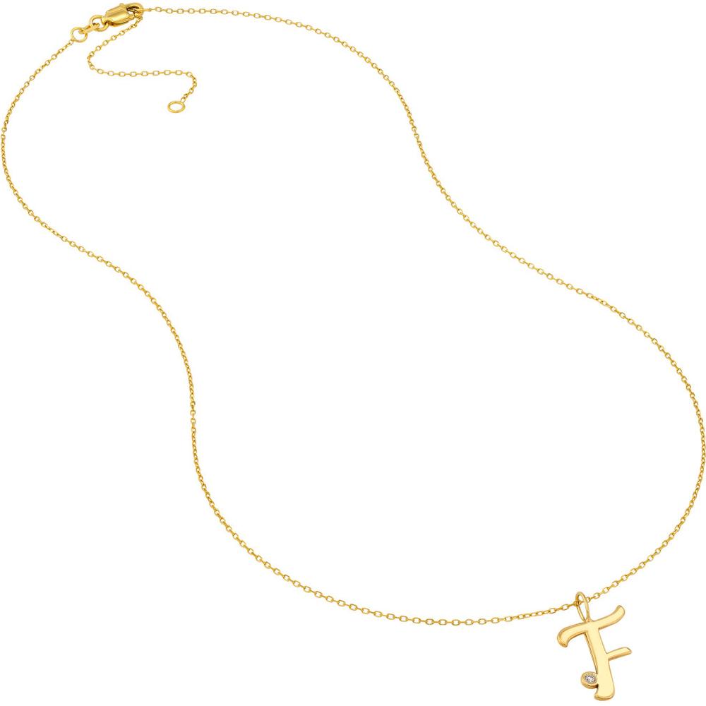 Olas d'Oro - 14K Yellow Gold Script "F" Initial Pendant Necklace with 1.7mm Diamond Bezel - 0.02 Carat Total Diamond Weight