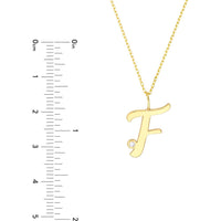 Olas d'Oro - 14K Yellow Gold Script "F" Initial Pendant Necklace with 1.7mm Diamond Bezel - 0.02 Carat Total Diamond Weight
