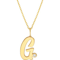 Olas d'Oro - 14K Yellow Gold Script 'G' Diamond Bezel Necklace - 0.02 Carat Total Diamond Weight