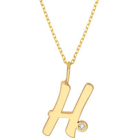 Olas d'Oro - 14K Yellow Gold Script 'H' Necklace with Bezel-Set Diamond - 0.02 Carat Total Diamond Weight