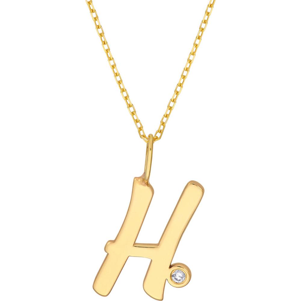Olas d'Oro - 14K Yellow Gold Script 'H' Necklace with Bezel-Set Diamond - 0.02 Carat Total Diamond Weight