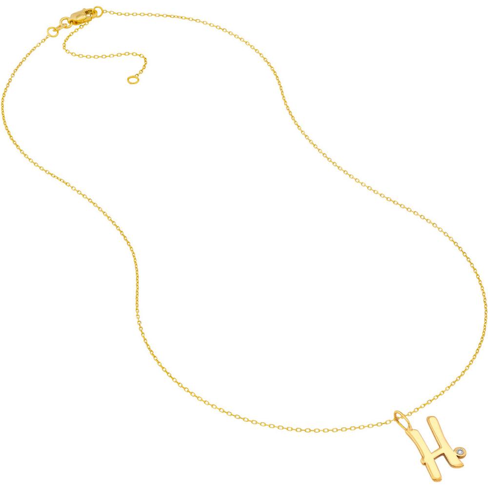 Olas d'Oro - 14K Yellow Gold Script 'H' Necklace with Bezel-Set Diamond - 0.02 Carat Total Diamond Weight