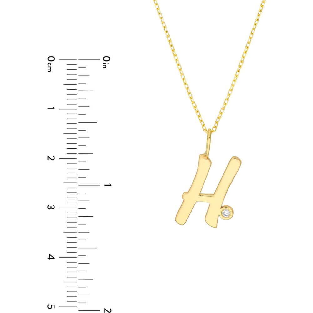 Olas d'Oro - 14K Yellow Gold Script 'H' Necklace with Bezel-Set Diamond - 0.02 Carat Total Diamond Weight