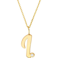 Olas d'Oro - 14K Yellow Gold Script 'I' Pendant Necklace with Diamond Bezel - 0.02 Carat Total Diamond Weight