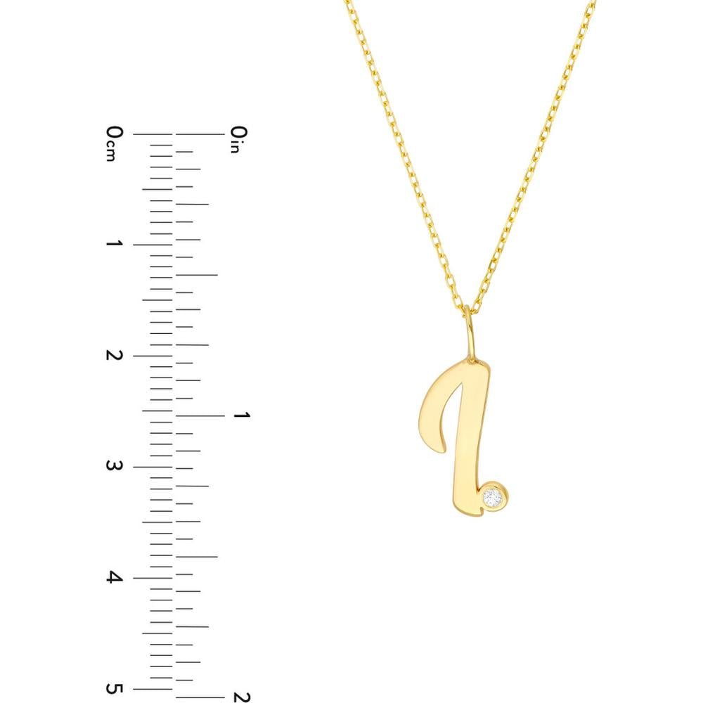 Olas d'Oro - 14K Yellow Gold Script 'I' Pendant Necklace with Diamond Bezel - 0.02 Carat Total Diamond Weight