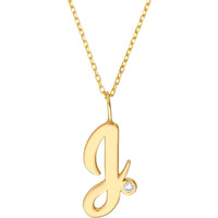 Olas d'Oro - 14K Yellow Gold Script 'J' Necklace with 1.7mm Diamond Bezel - 0.02 Carat Diamond Weight