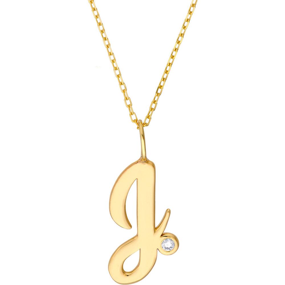 Olas d'Oro - 14K Yellow Gold Script 'J' Necklace with 1.7mm Diamond Bezel - 0.02 Carat Diamond Weight